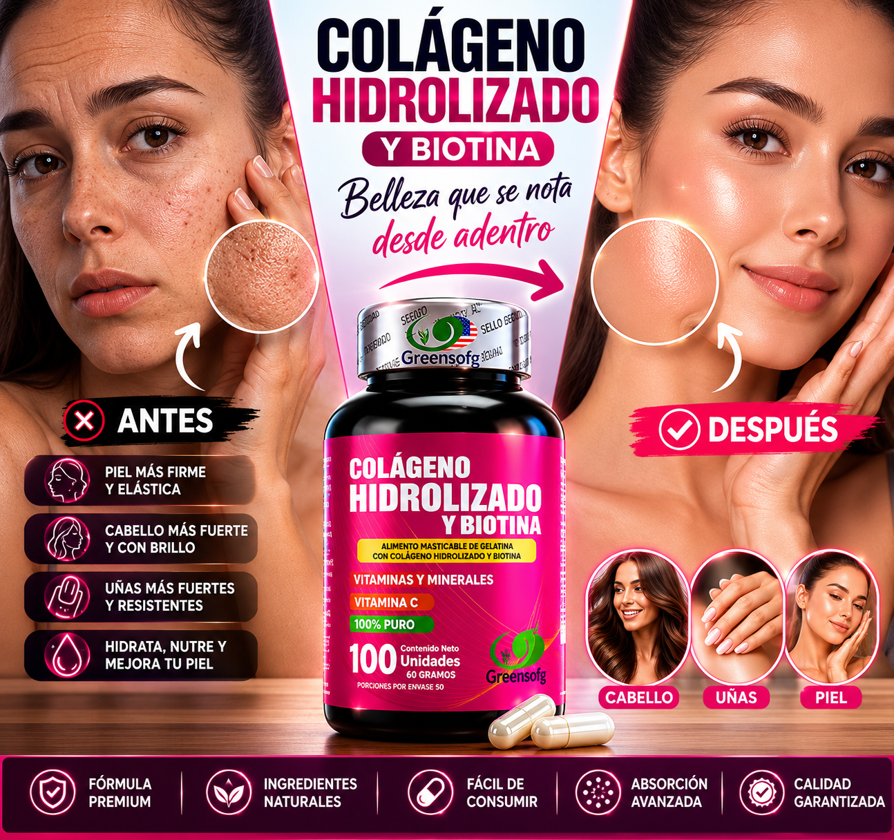 [OFERTA] Colágeno + Biotina Premium - Cabello Fuerte, Uñas Resistentes y Piel Radiante